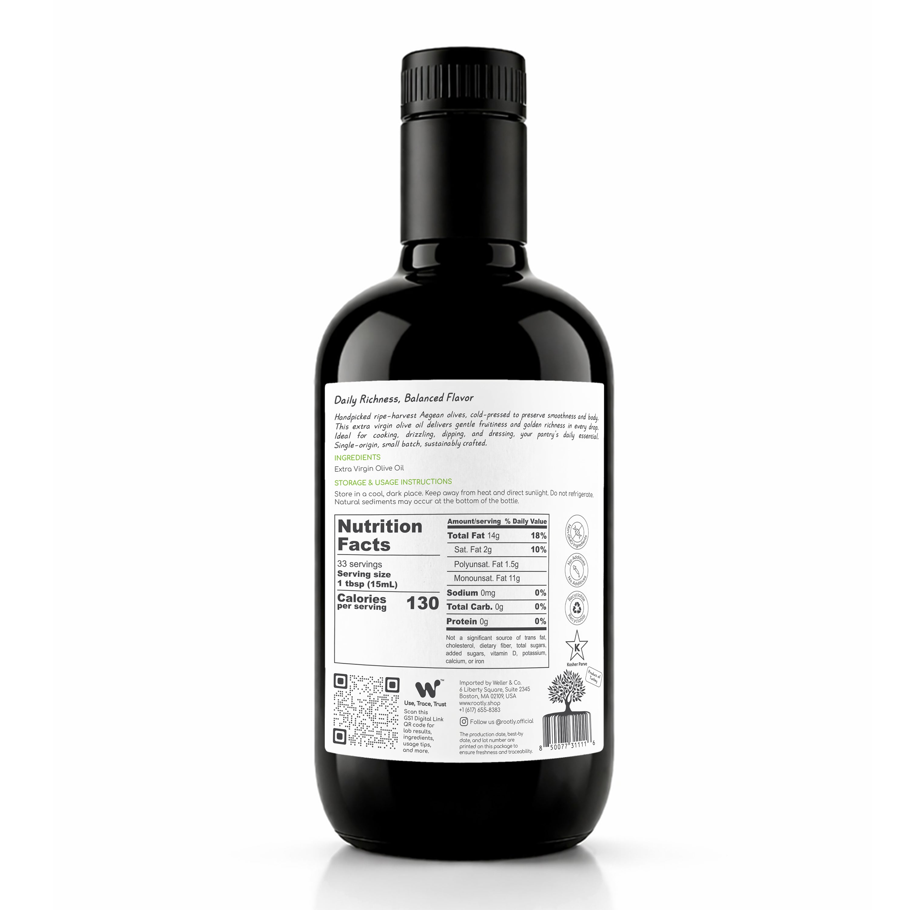 ROOTLY Aegean Extra Virgin Olive Oil, Cold Pressed, Rich & Fruity, Everyday