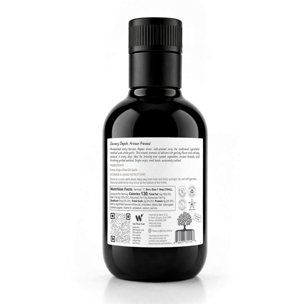 ROOTLY Aegean Early Harvest Extra Virgin Olive Oil, Cold Pressed with Garlic