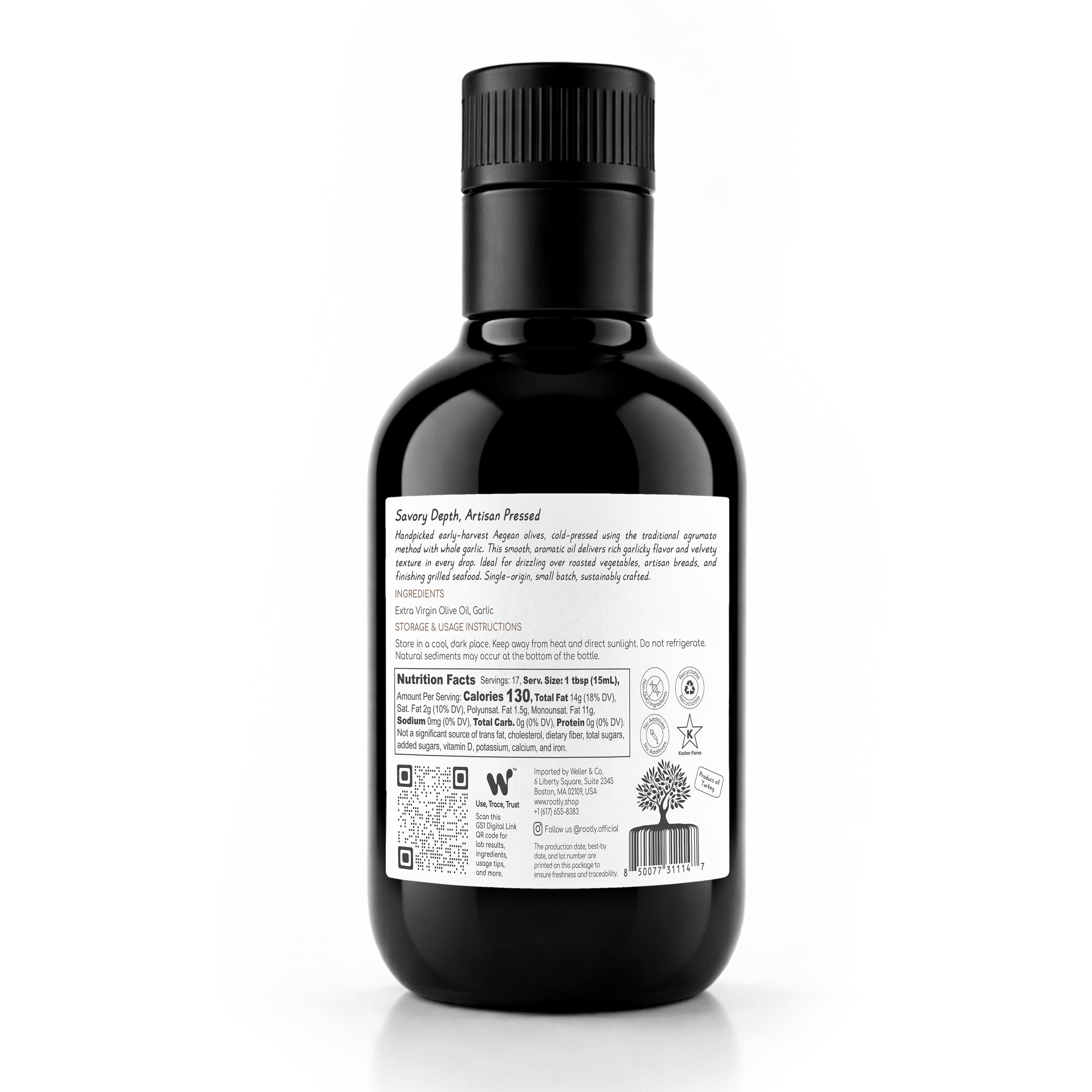 ROOTLY Aegean Early Harvest Extra Virgin Olive Oil, Cold Pressed with Garlic