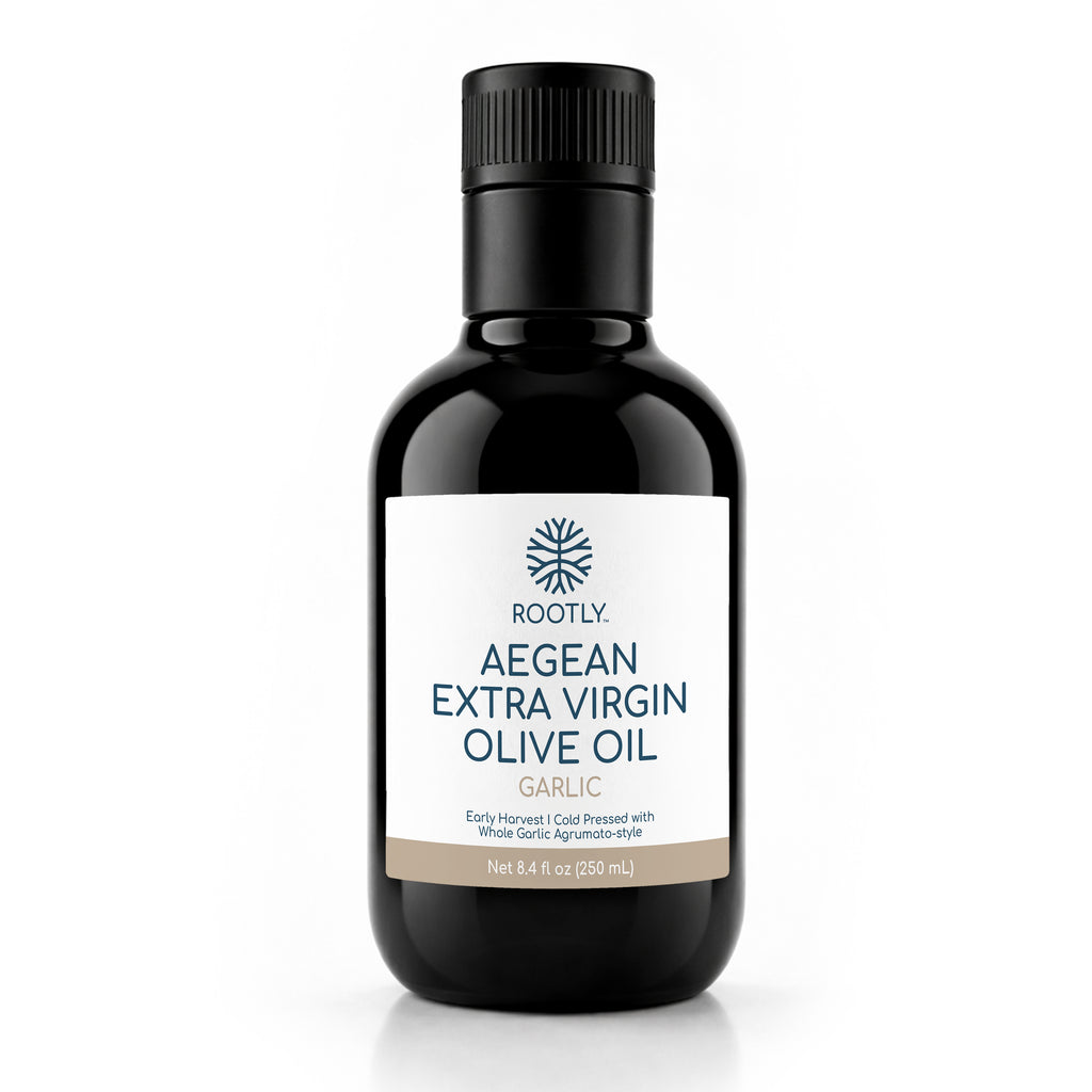 ROOTLY Aegean Early Harvest Extra Virgin Olive Oil, Cold Pressed with Garlic