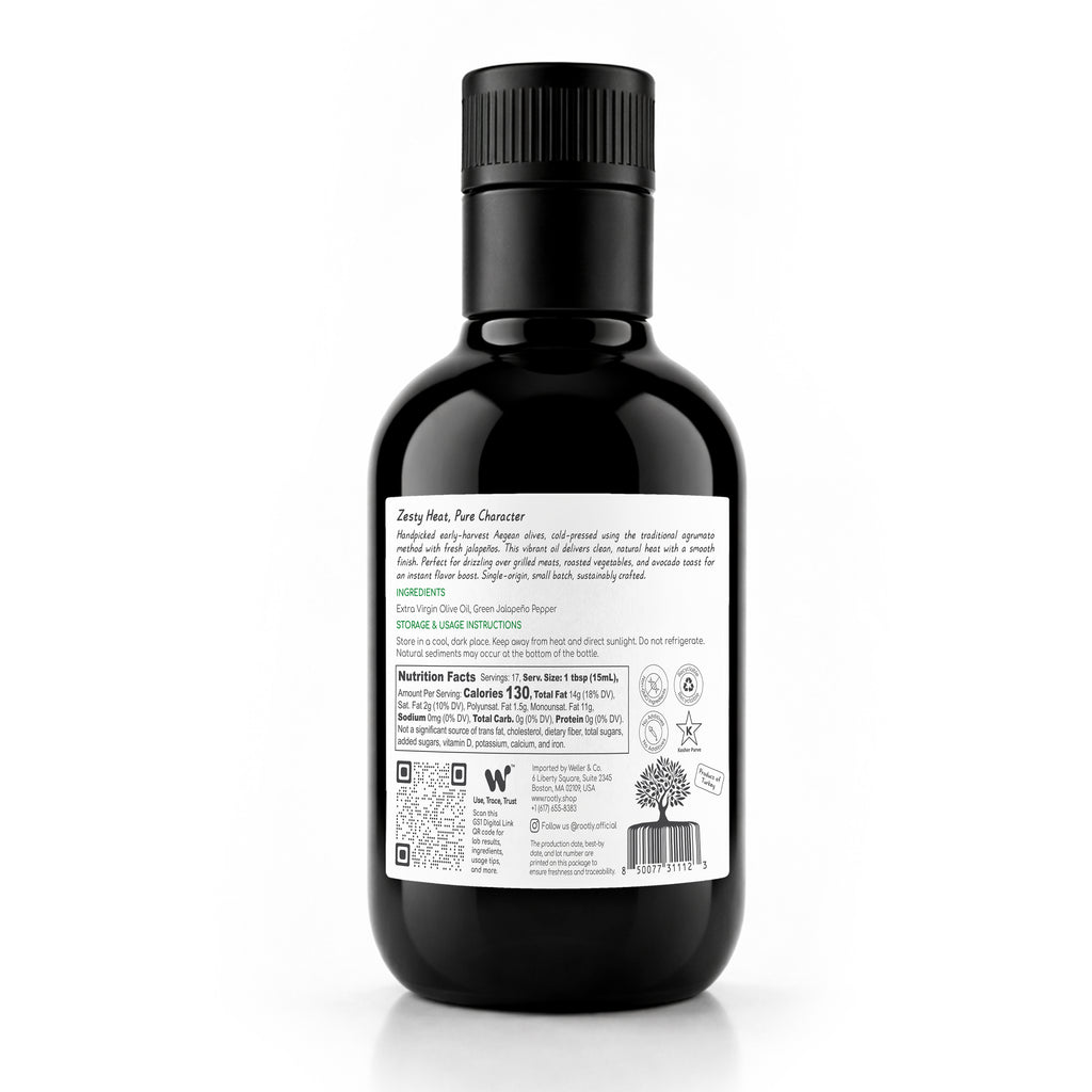 ROOTLY Aegean Early Harvest Extra Virgin Olive Oil, Cold Pressed with Jalapeño