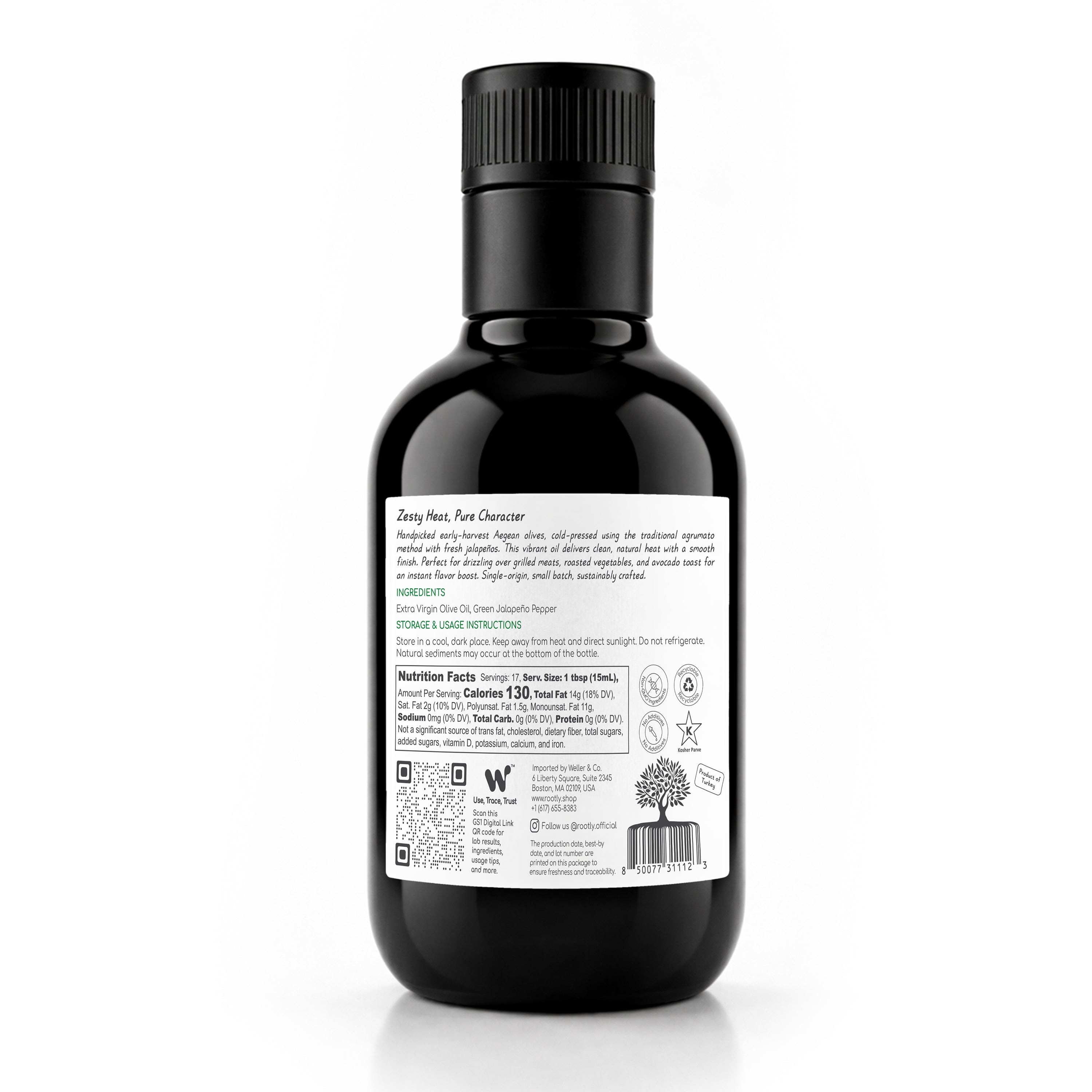 ROOTLY Aegean Early Harvest Extra Virgin Olive Oil, Cold Pressed with Jalapeño