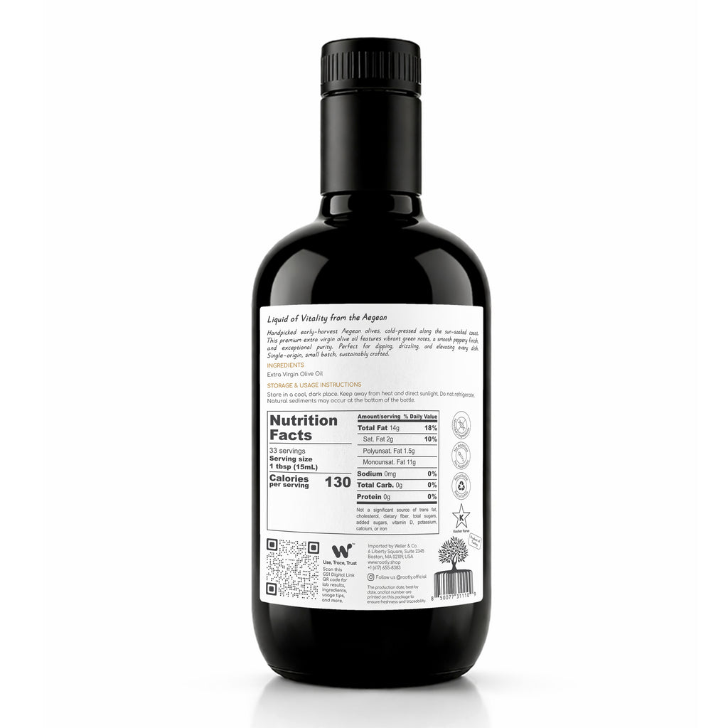 ROOTLY Aegean Early Harvest Extra Virgin Olive Oil, Cold Pressed, Premium