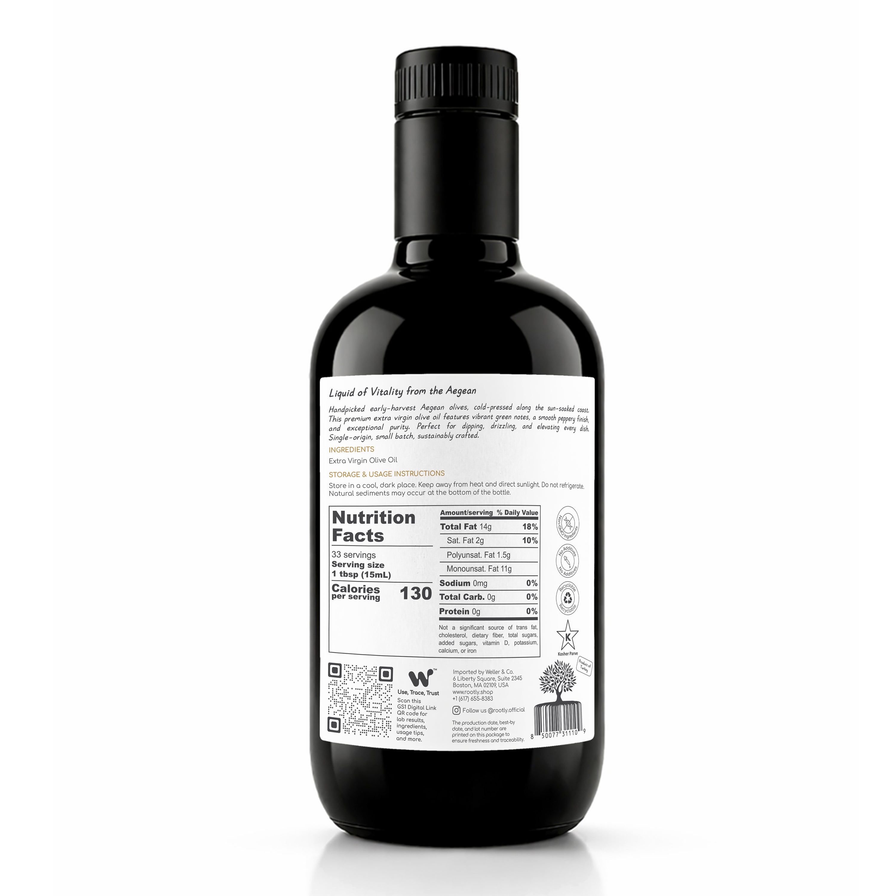 ROOTLY Aegean Early Harvest Extra Virgin Olive Oil, Cold Pressed, Premium