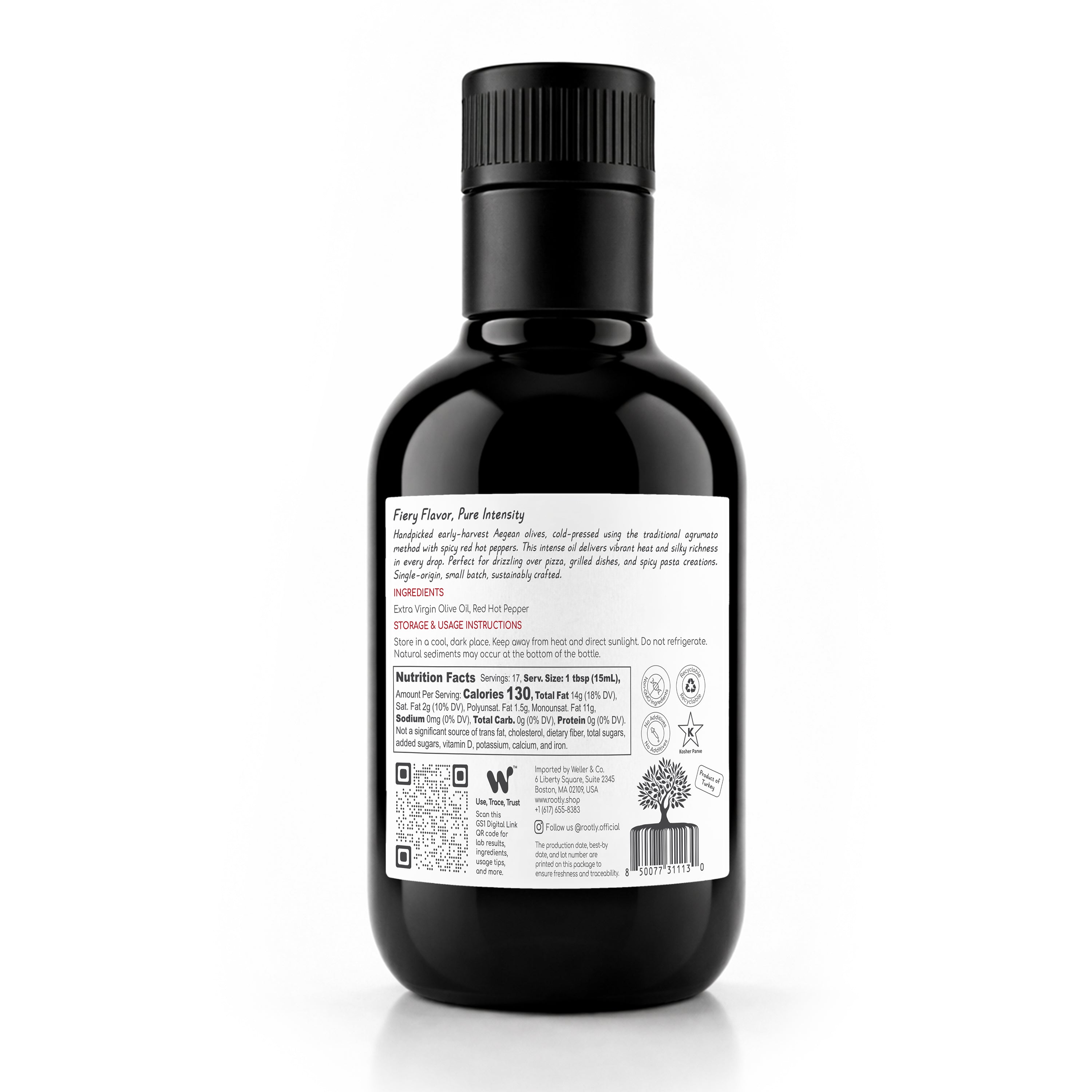 ROOTLY Aegean Early Harvest Extra Virgin Olive Oil, Cold Pressed with Red Hot Pepper