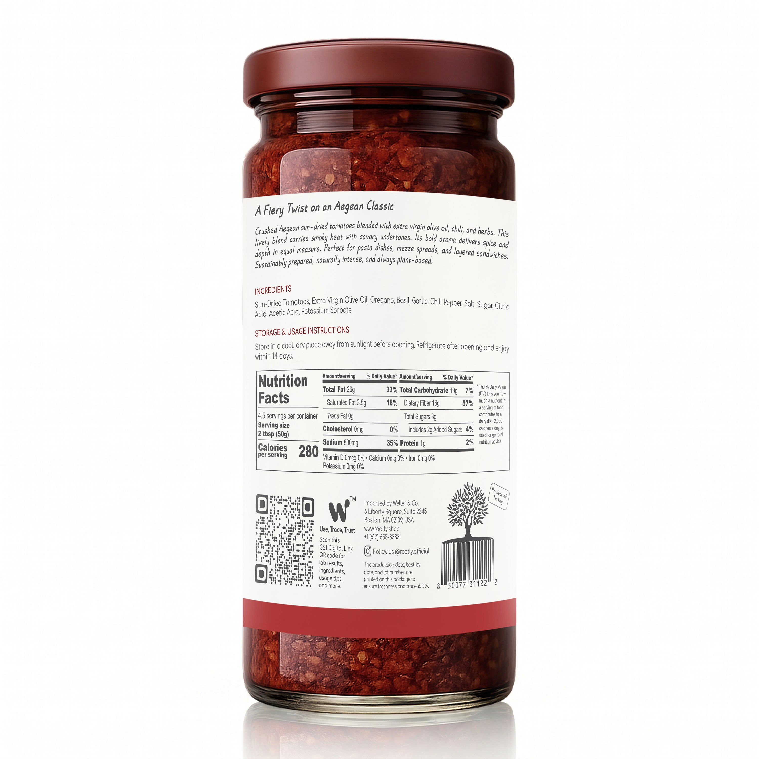 ROOTLY Aegean Sun-Dried Tomato Crush in Extra Virgin Olive Oil, Bold & Spicy