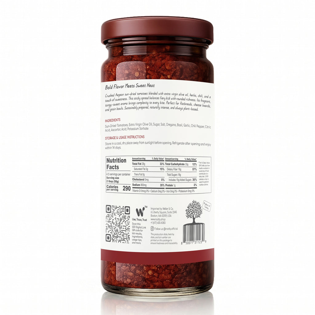ROOTLY Aegean Sun-Dried Tomato Crush in Extra Virgin Olive Oil, Sweet & Hot